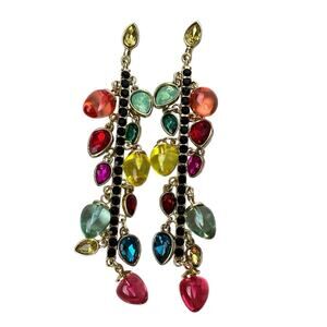 Beaded Holiday Dangle Earrings Colorful Translucent Party Lights Gold Tone Post